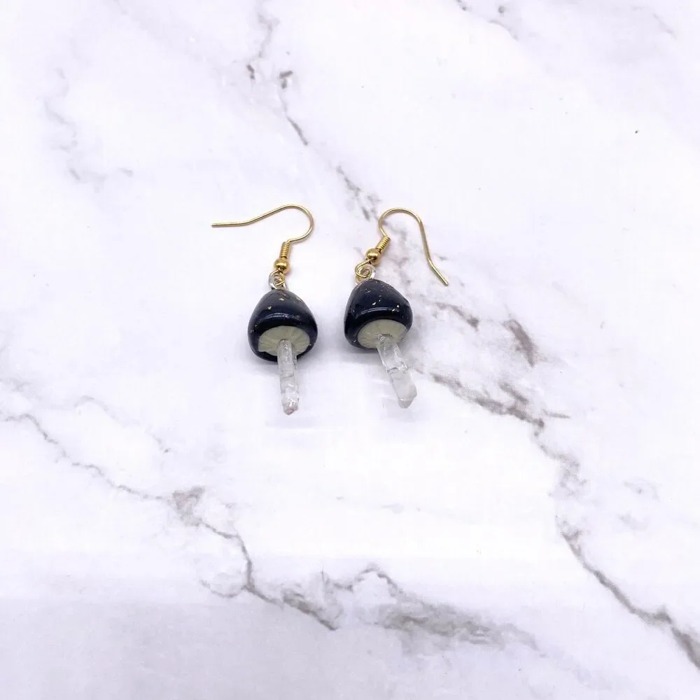 Black Mushroom Quartz Crystal Dangle wire hook polymer Clay Earrings